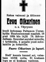 Record image of Eeva Heikintytär Oikarinen (born Väyrynen Wäyrynen)