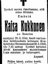 Record image of Kaisa / Carin Paavontytär Kukkonen (o.s. Raassina)