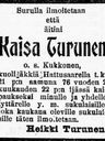 Record image of Kaisa Yrjöntytär Turunen (o.s. Kukkonen Kuckoin)
