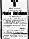 Record image of Maria Pekantytär Utriainen (o.s. Komulainen)