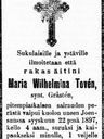 Record image of Maria Wilhelmina Karlsdotter Tovén (o.s. Gråsten)