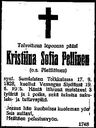 Record image of Kristiina Sofia Tanelintytär Pellinen (born Pietiläinen)