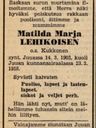 Record image of Matilda Maria Lehikoinen (born Kukkonen)
