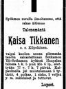 Record image of Kaisa (Katariina) Lovisa Tikkanen (o.s. Kilpeläinen)