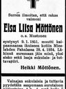 Record image of Elsa Liisa Pennantytär Möttönen (born Mustonen)