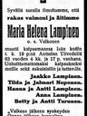 Record image of Maria Helena Lampinen (o.s. Valkonen Walkoin)