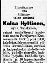 Record image of Kaisa Heikintytär Hyttinen (born Tanskanen)