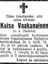 Record image of Kaisa Juhontytär Vaakanainen (born Muikku)