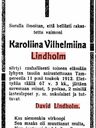 Record image of Karoliina Wilhelmiina "Karolina Mina Davidsdr." Lindholm (o.s. Stark)