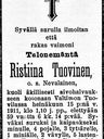 Record image of Kristina (Christina, Tiina) Antintytär Tuovinen (o.s. Nevalainen)