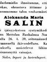 Record image of Aleksandra Maria Salin (born Kolin)