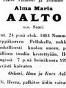 Record image of Alma Maria Aalto, e. Lindholm (born Saari, e. Stenholm)