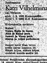Record image of Katri Vilhelmiina Hohti e. Pitkänen (born Virtanen)