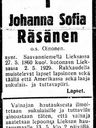Record image of Johanna Sofia Pekantytär Räsänen (o.s. Oinoin)
