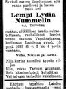 Record image of Lempi Lydia Nummelin (born Toivonen)