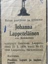 Record image of Johanna Oikarinen (born Kokkonen)