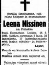 Record image of Helena Pekantytär "Leena,Lutin Leena" Nissinen (o.s. Puhakka)