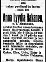 Record image of Anna Lydia Pekantytär Hakanen (o.s. Maukonen)