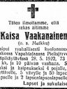 Record image of Kaisa/ Karin Juhontytär Vaakanainen (born Muikku)