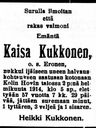Record image of Kaisa Tahvontytär Kukkonen (o.s. Eronen)