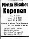 Record image of Martta Elisabet Koponen (born Vallius Wallius)