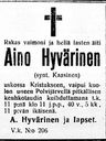 Record image of Aina Heikintytär Hyvärinen (born Kaasinen)