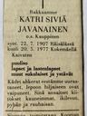 Record image of Katri Siviä (Kaisa) Javanainen (o.s. Kauppinen)