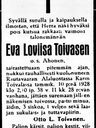 Record image of Eeva Loviisa Juhontytär Toivanen (born Ahonen)