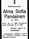 Record image of Alma Sofia Parviainen, Teinilä (born Brax)