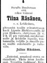 Record image of Tiina (Stina) Markuntytär Räsänen (born Lehikoinen)