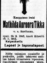 Record image of Matilda Aurora Iisakintytär Tikka (o.s. Snellman)